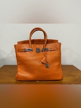 Orange Leather Satchel with Silver Hardware
